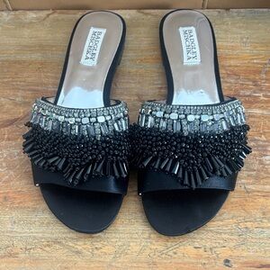 Badgley Mischka Black Embellished Beaded Slide Sandals Flats Silver Crystals 8